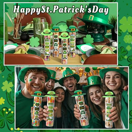 Honeydak 16 Set St. Patrick's Day Candy Tubes 4 oz(115ml) Shamrock Containers Decoration Clear Plastic Test Tube with Screw Caps Irish Hats Gift Green Clover Holder for St. Patrick's Day Party Favors - style: Saint Patrick's Day