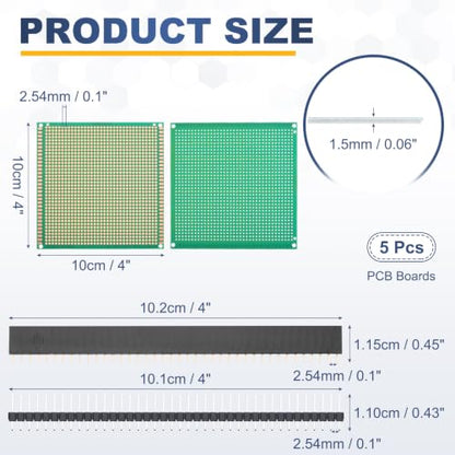 5Pcs 10x10cm PCB Prototype Board w 40-Pin Headers, Green - size: 10x10cm(2.54mm Pitch/1.5mm T)