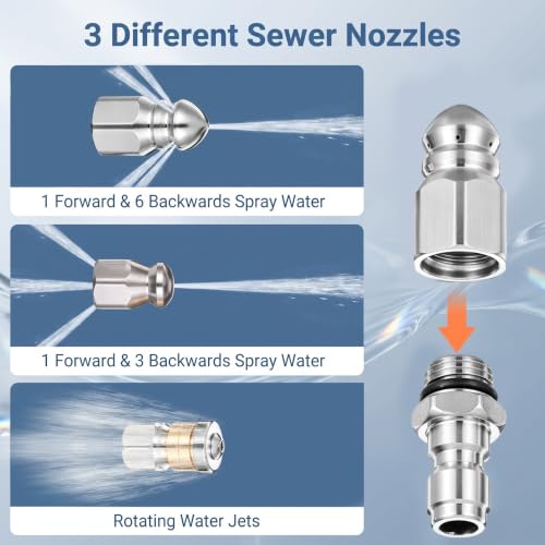 3Pcs Sewer Jetter Nozzle, Pressure Washer Sewer Jetter Nozzle Kit