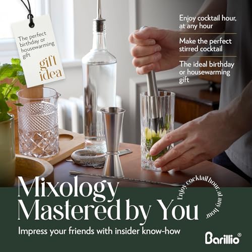 Barillio 24 Oz Crystal Cocktail Mixing Glass with Bamboo Stand & Bar Tools | Seamless Lead-Free Crystal, Weighted Base Stirring Pitcher | Including Muddler, Mixing Spoon, Jigger and Strainer - size: 7-Piece Set (24 oz)
