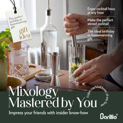 Barillio 24 Oz Crystal Cocktail Mixing Glass with Bamboo Stand & Bar Tools | Seamless Lead-Free Crystal, Weighted Base Stirring Pitcher | Including Muddler, Mixing Spoon, Jigger and Strainer - size: 7-Piece Set (24 oz)