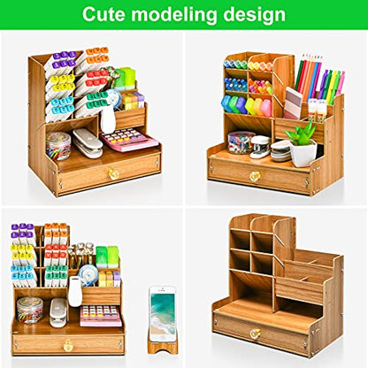 Marbrasse Upgraded Wooden Pencil Holder, Pen Organizer for Desk, Easy Assembly, Art Supply Organizer, Desktop Stationary (Cherry) - color: B17 Cherry