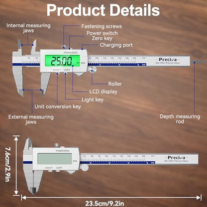 Preciva Backlight Digital Caliper, 6 Inch Rechargeable Electronic Micrometer with IP54 Waterproof and Large LCD Screen Conversions for in/MM/F Precision Measuring Tool for DIY/Professional Use - color: Blue