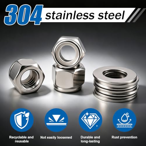 #8-32 Lock Nut 360Pcs Stainless Steel Nylock Locking Nuts with Washers - size: locknuts-#8 360pcs