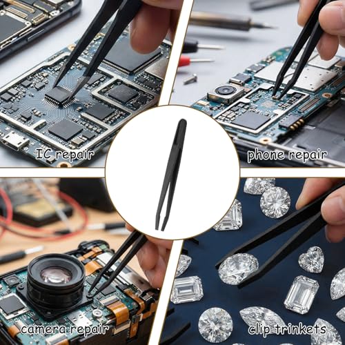 6 PCS Plastic Tweezers for Crafts, 4.7 Inch Slant Flat Tip Anti-Static Tweezers High Precision Industrial Tweezer for Making Repairing Crafts Electronic Tool, Black