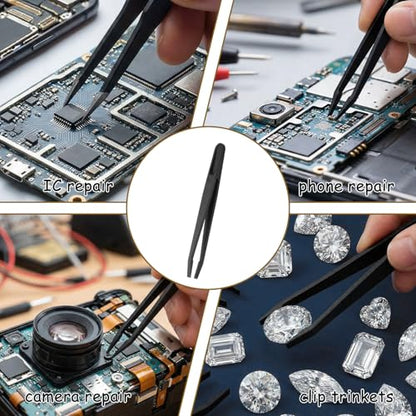 6 PCS Plastic Tweezers for Crafts, 4.7 Inch Slant Flat Tip Anti-Static Tweezers High Precision Industrial Tweezer for Making Repairing Crafts Electronic Tool, Black