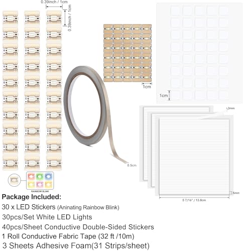 60 Pcs LED Circuit Stickers Light Craft Kit for Making Light-Up Cards Projects, with 1 Roll Conductive Tape 3 Sheets Adhesive Foam Strips, Add Lights to Special Cards, Rainbow Blink & White Color - color: 60 Led + 1 Conductive Tape + 3 Foam Stickers C