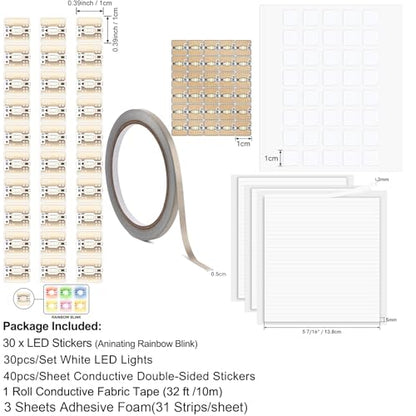 60 Pcs LED Circuit Stickers Light Craft Kit for Making Light-Up Cards Projects, with 1 Roll Conductive Tape 3 Sheets Adhesive Foam Strips, Add Lights to Special Cards, Rainbow Blink & White Color - color: 60 Led + 1 Conductive Tape + 3 Foam Stickers C