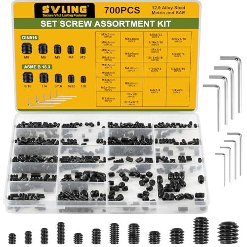 Set Screw Assortment Kit 700PCS, 25 Sizes Metric and SAE Set Screws M3 M4 M5 M6 M8 1/8" 5/32" 3/16" 1/4" 5/16" Socket Screw Kit 12.9 Alloy Steel for Bathroom Fixtures Door Handles - size: Metric&SAE 700PCS