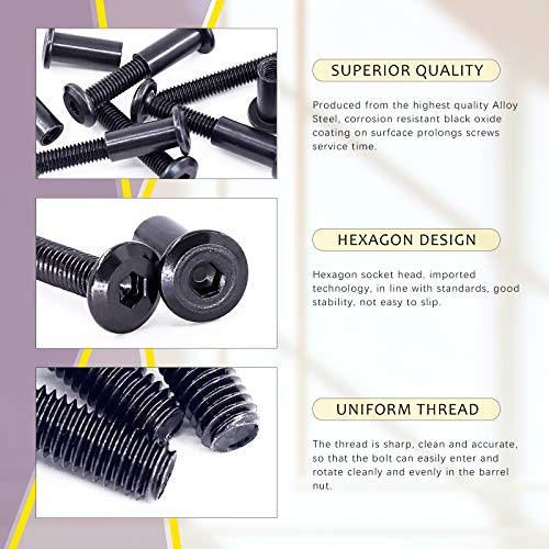 Swpeet 25Pcs M6x40mm Carbon Steel Black Hex Drive Socket Cap Bolts Barrel Nuts Assortment Kit with 1Pcs Allen Wrench, Screw Post Fit for Furniture Countsunk Belt Buckle Leather Binding Bolts - size: M6x40mm