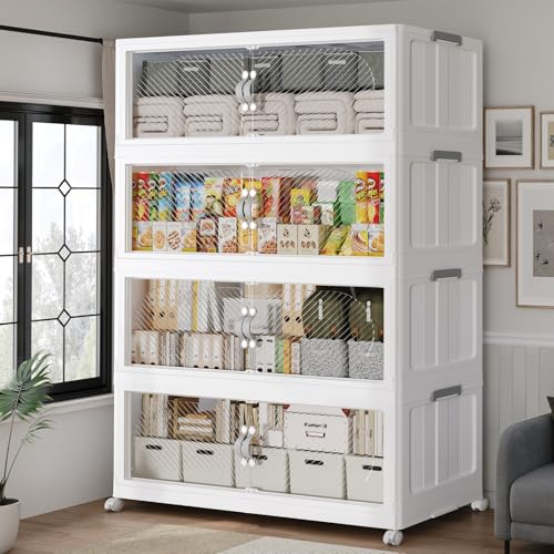 640QT Extra Large Stackable Storage Bins with Lid, 160Gal Plastic Closet Organizers and Storage Drawer, Collapsible Cabinet Box with Wheels Clear Doors for Home Kitchen Garage, 4Pack White - color: White, size: 160QT-4Pack
