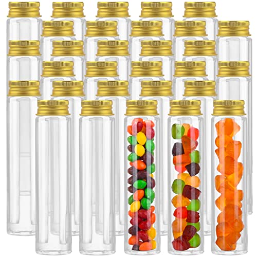Clear Test Tube,36 Pack Clear Plastic Test Tubes Candy Tube Transparent Test Tubes with Cap,Flat Bottomed Plastic Tubes Bath Salt Container,3.7 OZ (Gold Cap)