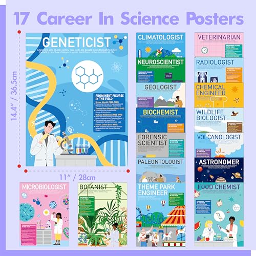 Gethelud 17 Career in Science Posters, PET Laminated Learning Poster, Educational Science Charts For Middle & High School, Great Wall Decor For Classroom, Bulletin Board, Room, 11”x14.4” - color: 17 Career in Science Posters