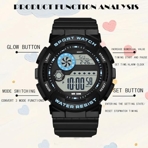 findtime Digital Watch Womens Sport Waterproof White Wrist Watches for Women with Alarm Stopwatch Hourly Chime LED Display 12H/24H Calendar - color: Black Blue