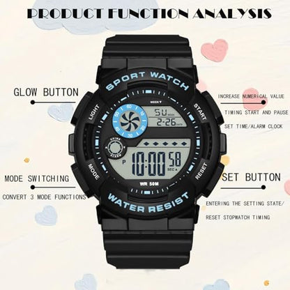findtime Digital Watch Womens Sport Waterproof White Wrist Watches for Women with Alarm Stopwatch Hourly Chime LED Display 12H/24H Calendar - color: Black Blue