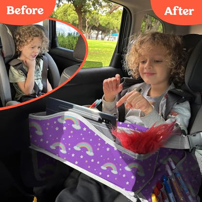PILLANI Kids Travel Tray for Car - Car Seat Tray for Kids w/ Tablet & Cup Holder - Toddler Travel Activities for Car & Airplane - Road Trip Essentials & Must Haves - Carseat Table Roadtrip Activities - color: Rainbow
