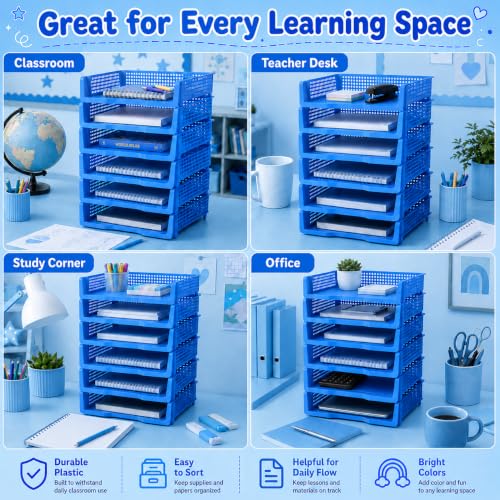6 Pcs Blue Turn in Trays Classroom, Stackable Paper Bins for Classroom, 13x9x2.8 inch Plastic Baskets Desktop Organization System Office (Blue) - color: Blue