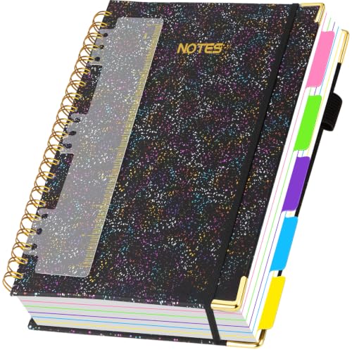 Hardcover Spiral Notebook Journal with Removable Dividers Tabs & Ruler, 300 Pages 5 Subject Notebook College Ruled, A5 Lined Journal for Women & Men, Notebooks for Work, School & Note Taking, Black - color: Black, size: 6"x8"