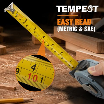 TEMPEST 6 Pack 25FT Tape Measure, Fractional Markings, Auto-Retract & Quick Lock, Heavy Duty Rubber Case, Belt Clip Measuring Tape Set for Construction, DIY