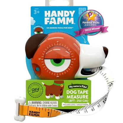 Handy Famm Fido the Dog 4-in-1 Kids Measuring Tape with Adjustable Level Eye, Angle Finder & Eraser Ears – Montessori STEM Educational Toy, Real Tape-Measure for Children Ages 3+ - style: Fido