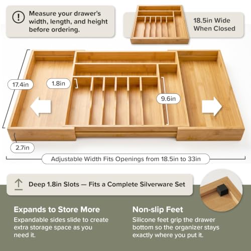 KitchenEdge Silverware & Utensil Organizer | Natural Bamboo, 18-33 In - color: Natural Bamboo, size: From 18" to 33" Wide