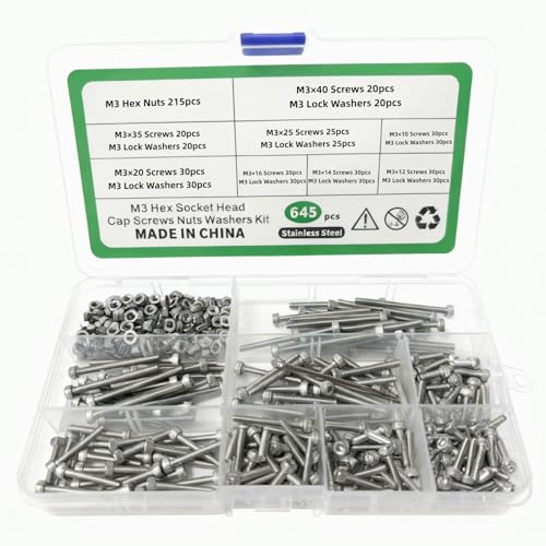 BOLDGNAITE 645pcs M3 Socket Head Cap Screw Assortment Kit with Hex Nuts & Spring Washers, 304 Stainless Steel, for 3D Printer, RC Models & DIY Projects (M3x10/12/14/16/20/25/35/40mm) - size: 645pcs M3x10/12/14/16/20/25/35/40mm