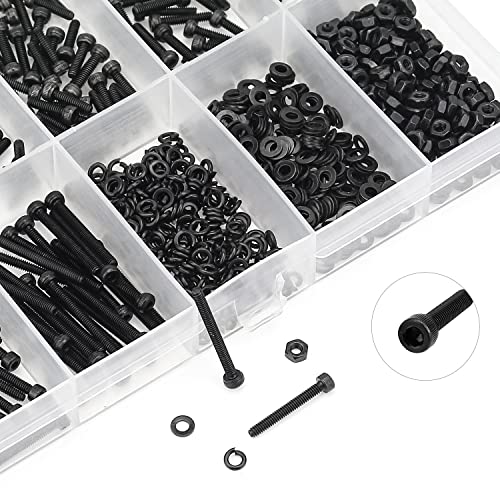 HELIFOUNER 560 Pieces M2 x 4mm /6mm /8mm /10mm /12mm /16mm /20mm, Hex Socket Head Cap Screws Bolts Washers Nuts Kit, 12.9 Grade Alloy Steel, Full Threaded, Black - size: M2, style: Socket Head