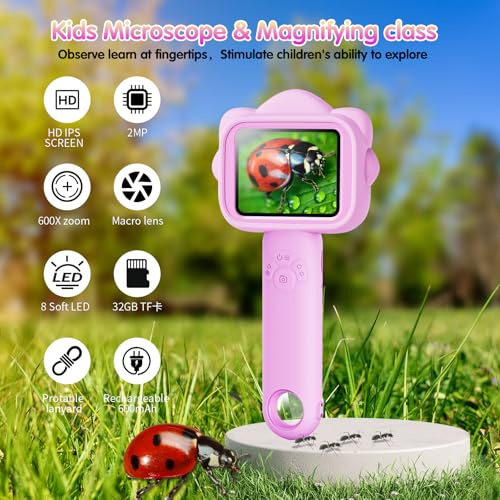 Microscope for Kids, Kids Microscope with Sample Slide, Educational Science Kit, Macro Fixed Focus Kid Mini Microscopes 500x Magnification, 32GB SD Card Include(Purple)