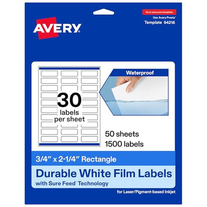 Avery® Printable Durable White Rectangle Labels, Sure Feed® Technology, 0.75" x 2.25", Print-to-the-Edge, Waterproof Labels, Laser & Pigment-Based Inkjet Compatible, 1500 Total - style: 1,500 labels