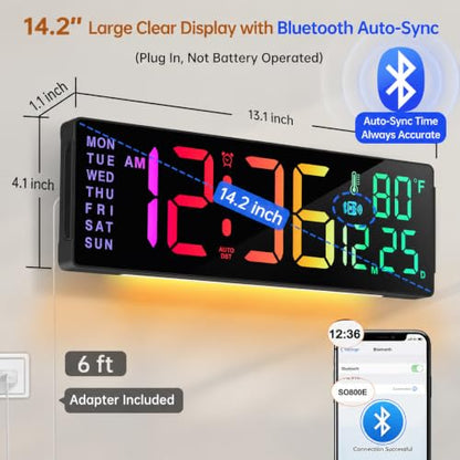 Soobest 14.2 Inch Digital Wall Clock with Bluetooth, LED Large Display - color: 14.2" Multicolor
