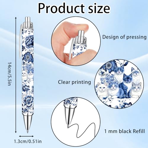 Blue and White Porcelain Cat Ballpoint Pens Set – Aesthetic Chinese Porcelain Style Cat Design Pens for Office, Journaling, and Stationery Lovers – Smooth Writing Pens for Daily Use or Gifts, 10 Pack - color: Blue and white porcelain cat