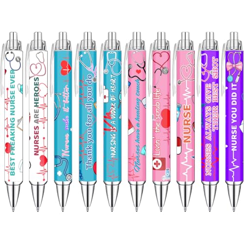 Idealmuzik Nurse Appreciation Week Ballpoint Pens Set of 10 – Nurse Theme Pens with Stethoscope, Heart & ECG Designs and Encouraging Quotes – Smooth Black Ink Pens for Hospital, Office, and Daily Use - color: Medicine