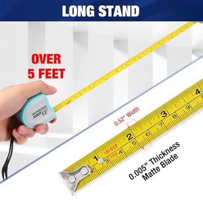 WORKPRO Mini Tape Measure, 3 Pcs 12FT Auto-Lock Easy Reading Tape Measurement, Inch/Metric Scale Pocket Size Small Tape Measure for Engineer, Portable, Lightweight, ABS Protective Casing