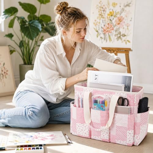 Floral Quilted Craft Storage Tote Bag Sturdy Art Supply Organizer - color: Pink Patchwork
