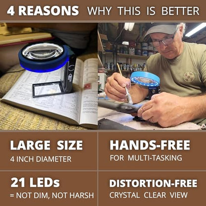 VisionAid 30X 10X Hands-Free Magnifying Glass with Stand, LED Lights, Loupe Handheld Illuminated Magnifier for Low Vision Seniors Reading - size: 4 inches
