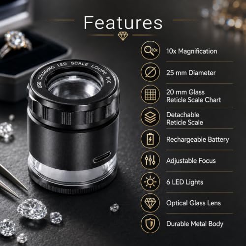 10X Rechargeable Jewelers Loupe Magnifier with LED Light & Detachable Reticle Scale, 25mm Field of View, Adjustable Focus Scale Loupe Jewelry Magnifying Glass for Gems, Coins, Watches, Close Work - color: 1 Glass Reticle Scale