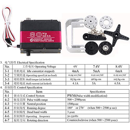 RDS5180 80kg Digital Metal Robotic Servo Motor High Torque Double-Shaft Robot Servo Arm Waterproof IP66 with U Metal Brackets for RC Car DIY Robot (270°) - size: 80KG 270°