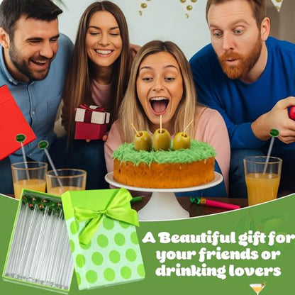 Qinyoung 12 Pcs Glass Martini Drink Stirrers 7 Inch Olive Swizzle Sticks for Cocktails Coffee Reusable Olive Beverage Stir Sticks for Birthday Party Coffee Bar Kitchen Bar Weddings - style: Martini Olive