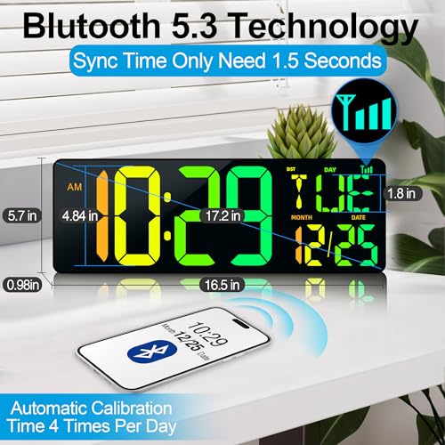 17.2" Large Digital Wall Clock with Bluetooth Auto Sync Time Big Timer - color: Black Shell