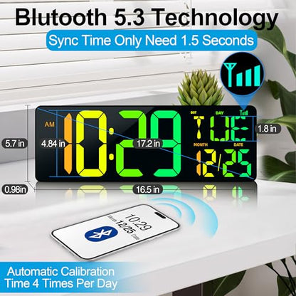 17.2" Large Digital Wall Clock with Bluetooth Auto Sync Time Big Timer - color: Black Shell