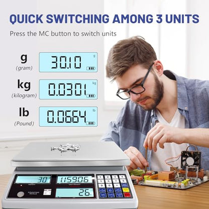 Industrial Counting Scale for Small Part (30kg, 66lb,1g), g/kg/lb,Coin Scale Built-in Battery,Digital Inventory Scale with Alarm Mode, RS-232 Interface for Printer Connectivity