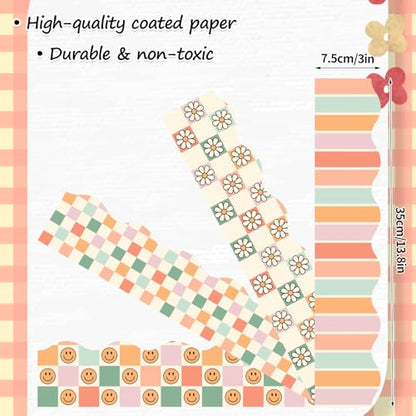 FYSUIMU 59.1 Ft Boho Bulletin Board Borders Retro Groovy Decoration Boarders Smile Daisy Plaid Scalloped Border Trim Sticker Decals for Back to School Home Classroom Party Wall Decoration - style: Boho Plaid