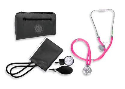 EMI Pink Sprague Rappaport Stethoscope with Black Aneroid Sphygmomanometer Blood Pressure Cuff Medical Nurse Set #340 - color: Pink/Black