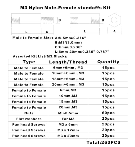 M3 Black Nylon Hex Male-Female Standoffs Screws Nuts Kit - size: 260PCS/M3(Black)