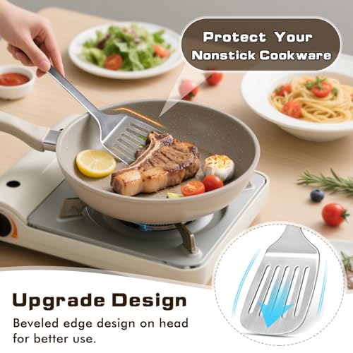 4 Pcs Cooking Utensils Set, Stainless Steel Kitchen Utensils, Heat Resistant Metal Kitchen Tools Include Solid & Slotted Turner Wok Spatula, Serving Spoon, Ergonomic Handle, Easy to Clean, Silver - color: B. 4 Pieces