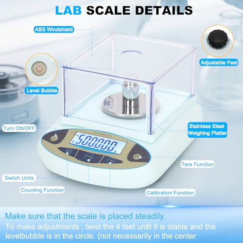 Lab Scale 500g*0.001g,High Precision Accurate Analytical Balance with Windshield,Lab Scale Electronic Scientific Scale Digital Precision Weighing Scale Jewelry Scales(with 200g Calibration Weight) - size: 500gx0.001g
