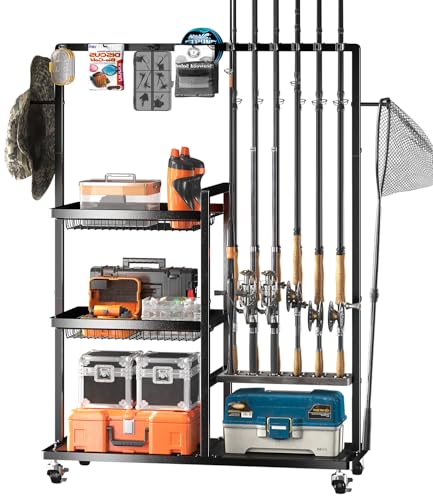 SOYEEZE Fishing Rod Holders for Garage,Fishing Gear Holder for Fishing Rod Tackle Box Storage，Fishing Pole Holders for 12 Rods with Hooks and Pegboard,Fishing Cart with 2 Baskets, Standard Size - size: Standard with baskets