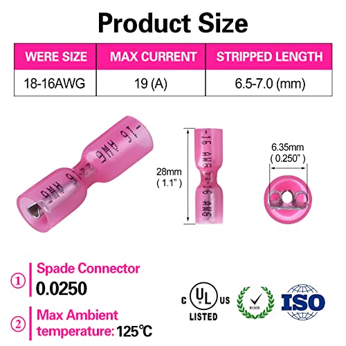 100 PCS 22-16 AWG Waterproof Heat Shrink Quick Disconnect Connectors, Crimp Electrical Wire Female Spade Connectors Insulated Disconnect for Marine Automotive Motorcycle Home Wiring (Red) - size: [22-16 AWG] Female x 100