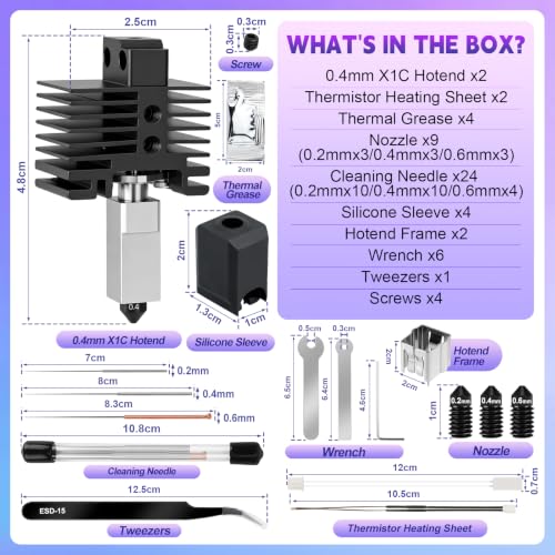 2Pack Hotend Kit for Bambu Lab X1C/X1/X1 Carbon 3D Printer, High Speed Printing X1C Hot End with Hardened Steel Nozzle 0.2/0.4/0.6mm Replacement Cleaning Kit Hotend for Bambu Lab X1 Series 3D Printer - size: X1C Hotend Kit4