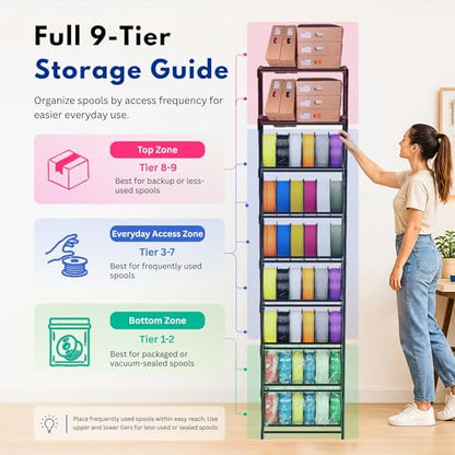 9-Tier 3D Printer Filament Storage Rack, Holds Up to 54 1kg Spools, Space-Saving Carbon Steel Spool Holder Organizer with Anti-Tip Kit, Modular Maker Workspace Storage System, Tool-Free Assembly